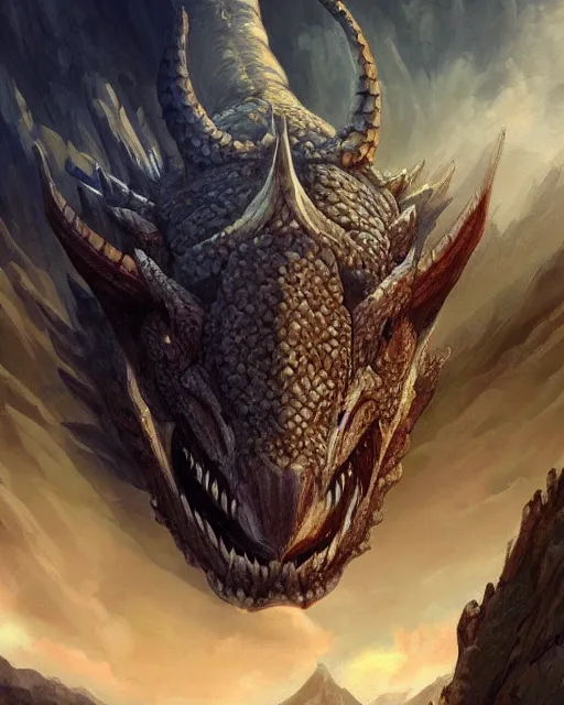 Image similar to ''face portrait of dragon, rule of thirds, fantasy, mountain landscape, d & d, digital painting, artstation, deviantart, concept art, illustration, art by dragolisco and anne stokes and nico niemi''