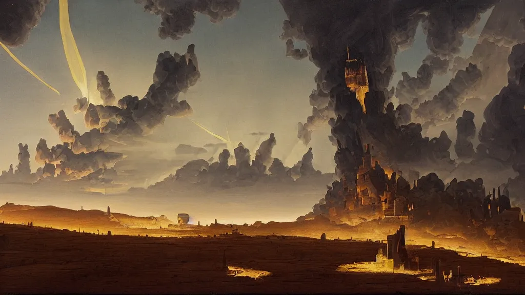 Image similar to a painting in the style of chesley bonestell and in the style of hubert robert.