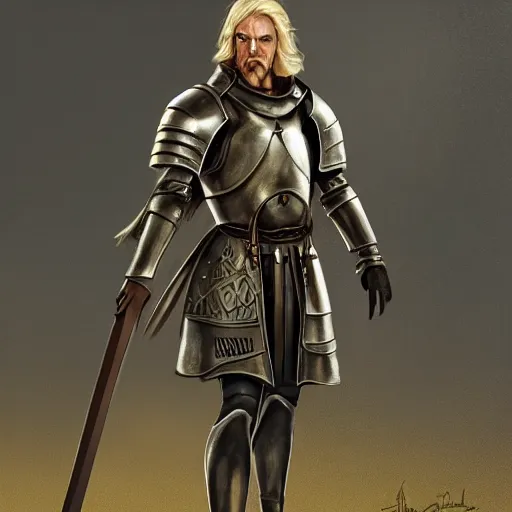 Image similar to concept art, full body, 50 years old men, blonde, blue eyes, green-blue medieval leather armor, no helmet, spear, high detail, digital art, medieval fantasy, realistic