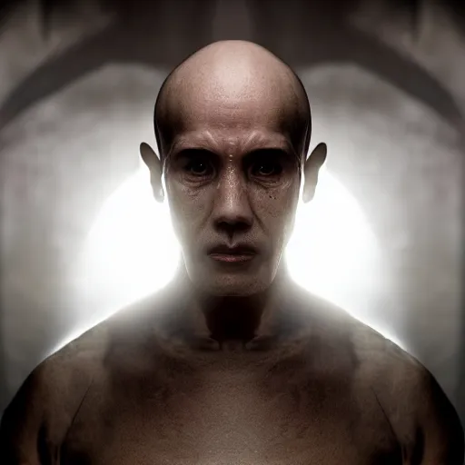 Image similar to Half cyborg half monk discovering enlightenment, dark atmosphere, 8k, cinematic lighting, symmetry, elegant, ornate, hyper realistic, zen