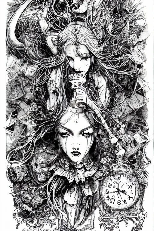Prompt: Psycho Alice in wonderland tarot card , pen and ink, intricate line drawings, by Yoshitaka Amano, Ruan Jia, Kentaro Miura, Artgerm, watercolor
