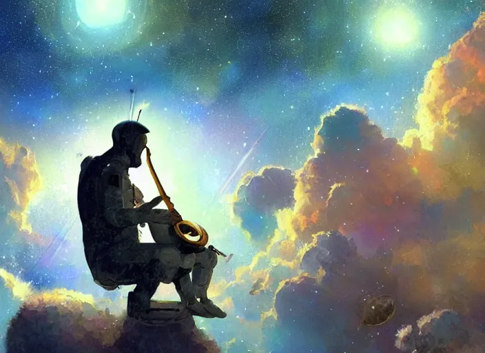 Image similar to craig mullins and ghibli digital illustration of an astronaut floating in the middle of the cosmos playing the oud!!! improvisation, full body!!!, strong contrast, earth, galaxies, ethereal, inviting, bright, unreal engine, hyper realism, realistic shading, cinematic composition, wide shot