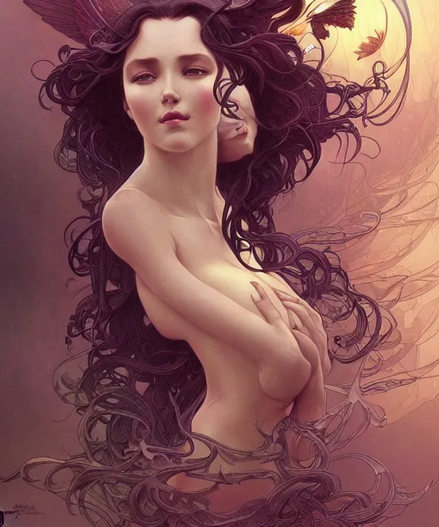 Image similar to beatiful woman is seeing an angelic version of her self, dark surrealism , scifi, intricate, elegant, highly detailed, artstation, concept art, smooth, sharp focus, illustration, art by artgerm and moebius and alphonse mucha