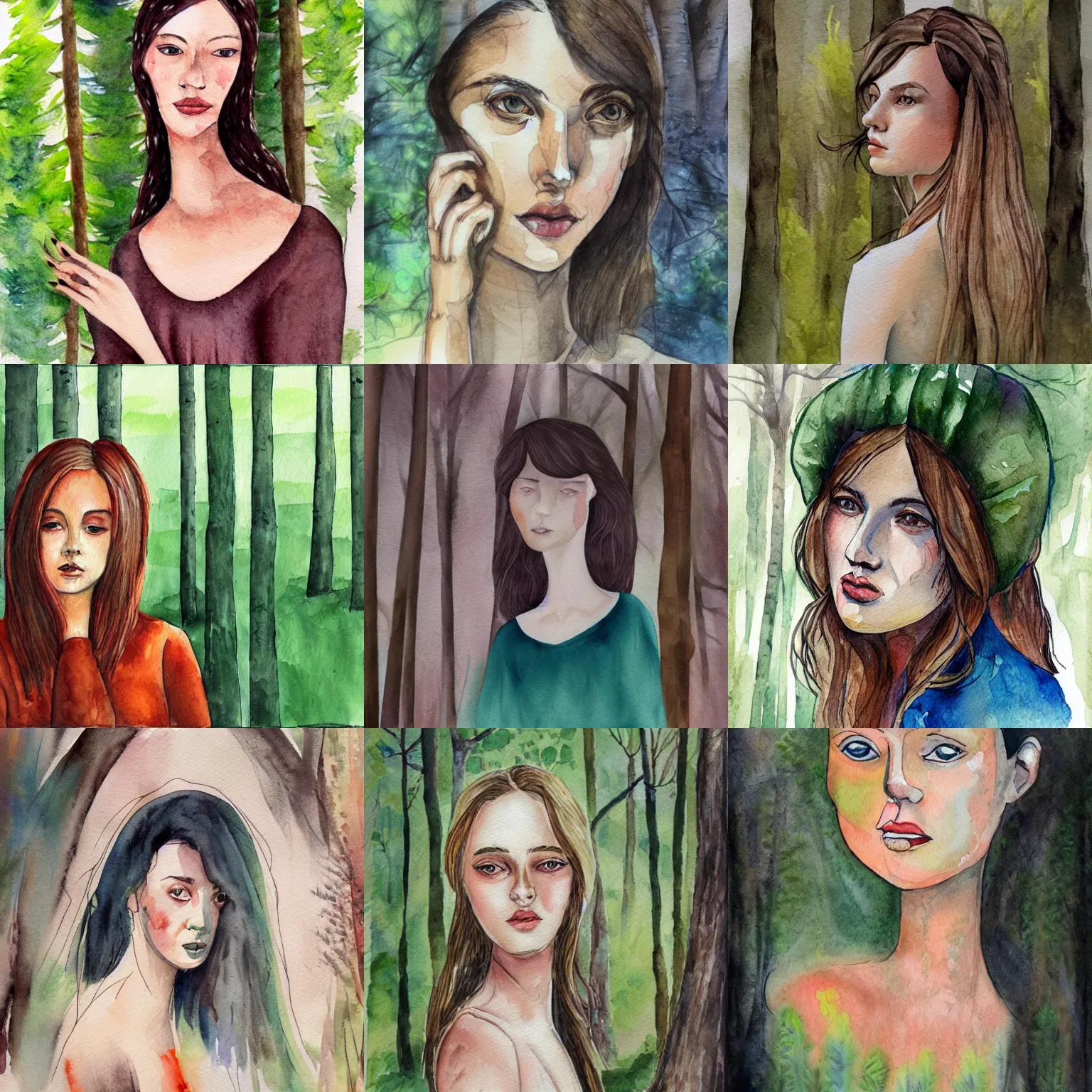 Prompt: woman, forest, portrait, dziuba evgeniya, watercolor, illustration