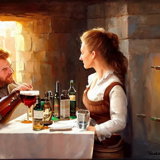Prompt: (((Boba Fett))) and a beautiful young blonde drinking beer in a wine cellar, food, meat, schnapps, torches on the wall, romantic, inviting, cozy, painting by Vladimir Volegov
