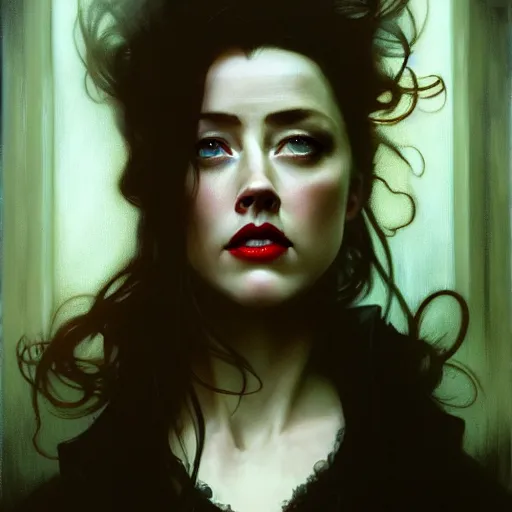 Prompt: hyperrealistic portrait of a woman as amber heard as a vampire witch in a black coat as a reflection in a window. by jeremy mann and alphonse mucha, tears, falling red petals, fantasy art, photo realistic, dynamic lighting, artstation, poster, volumetric lighting, very detailed faces, 4 k, award winning