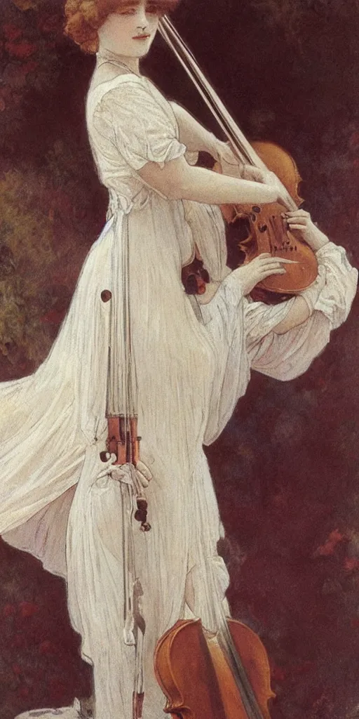 Image similar to A young edwardian woman wearing a white dress, holding a violin in her hands, in the style of mucha