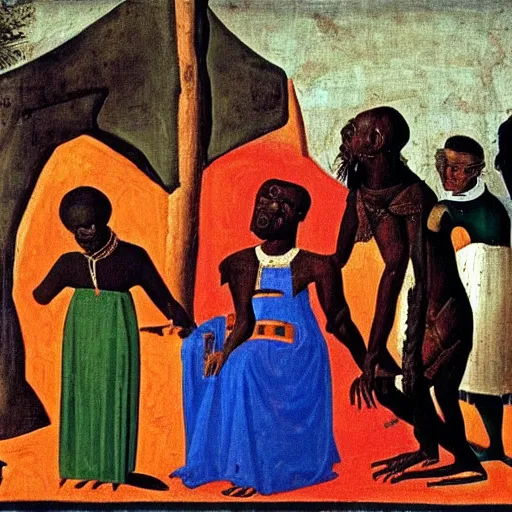 Prompt: A 15th century medieval renaissance oil painting of Skrillex african made by Jacob Lawrence