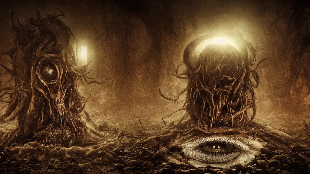 Image similar to monster made of eyes, eldritch, horror, 8K, concept art, filmic, HDR, hyperrealism, volumetric lighting, Dark art