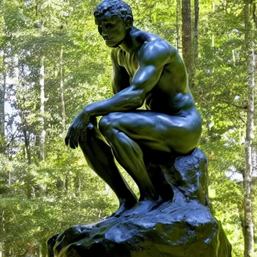Image similar to The thinker sculpture by auguste rodin in the style of William Bartram mushrooms at the base , placed in a lush forest