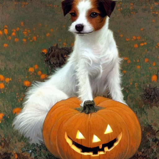 Prompt: a very cute scruffy long haired jack russell terrier puppy, white with brown spots and a brown patch over each eye, amidst piles of pumpkins. halloween autumn fall art. beautiful painting by alphonse mucha and artgerm and greg rutkowski