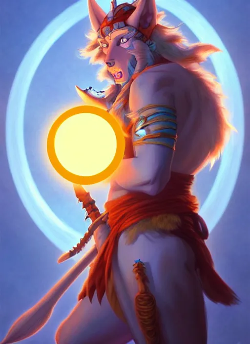 Image similar to lunatic fantasy barbarian with a canine face holding a glowing blue orb natural lighting, path traced, highly detailed, high quality, digital painting, by don bluth and ross tran and studio ghibli and alphonse mucha, artgerm