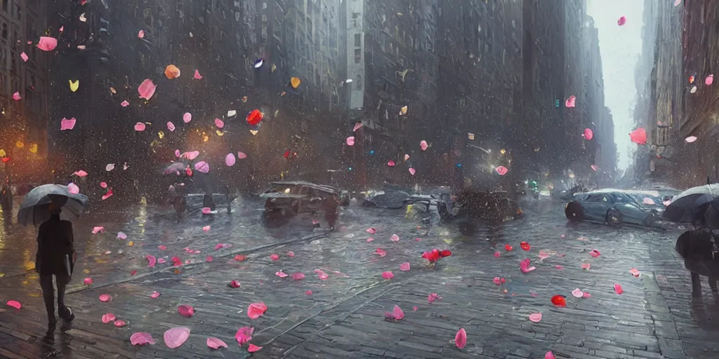 Image similar to raining flower petals in manhattan, dim volumetric lighting, 8 k octane render, hdr, postprocessing, hyperdetailed, intricate, epic composition, cinematic lighting, masterpiece, trending on artstation, stunning art by anders zorn, extraordinary artwork by greg rutkowski