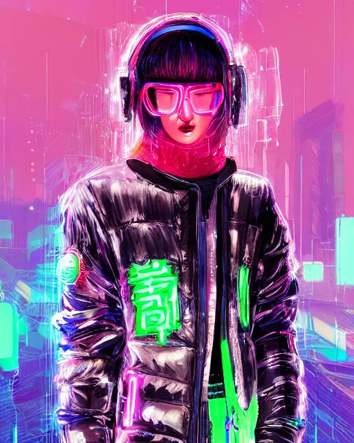 Image similar to detailed portrait Neon Operator Girl, cyberpunk futuristic neon, reflective puffer jacket, black leggings, decorated with traditional Japanese ornaments by Ismail inceoglu dragan bibin hans thoma !dream detailed portrait Neon Operator Girl, cyberpunk futuristic neon, reflective puffy coat, decorated with traditional Japanese ornaments by Ismail inceoglu dragan bibin hans thoma greg rutkowski Alexandros Pyromallis Nekro Rene Maritte Illustrated, Perfect face, fine details, realistic shaded, fine-face, pretty face