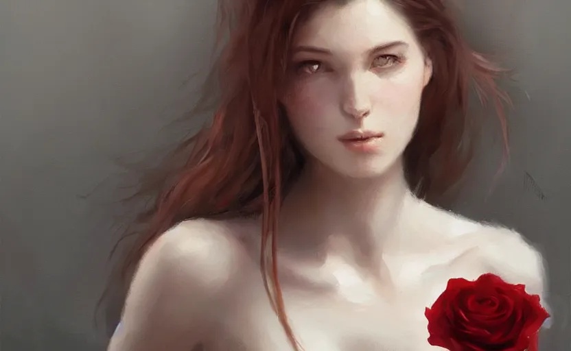 Prompt: a painting of virtualrose trending on artstation in the style of greg rutkowski, beautiful, young female, sensual, natural skin, brown hair, red rose