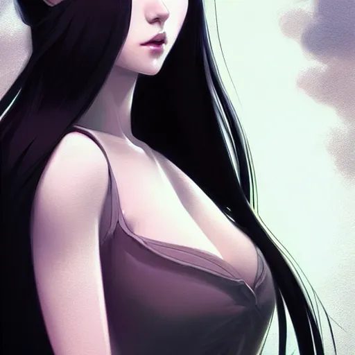 Image similar to a beautiful girl with long black hair, fantasy, sharp focus, intricate, elegant, digital painting, artstation, matte, highly detailed, ambient lighting, art by Rossdraws, artgerm, Ilya Kuvshinov, and Greg Rutkowski