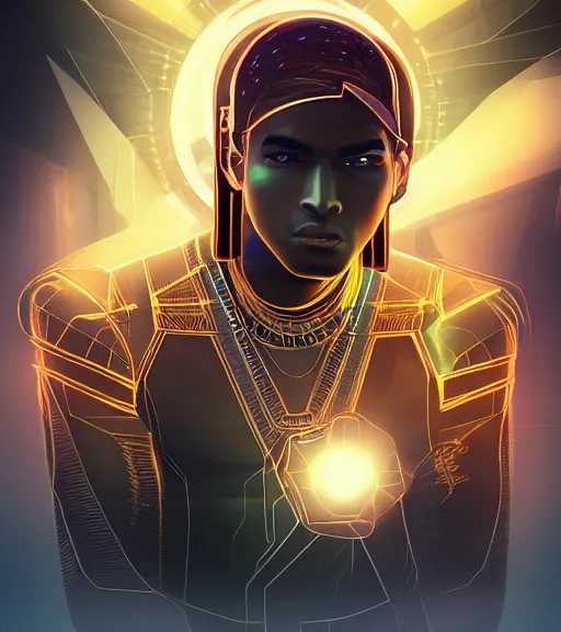 Image similar to symmetry!! egyptian prince of technology, solid cube of light, hard edges, product render retro - futuristic poster scifi, lasers and neon circuits, brown skin man egyptian prince, intricate, elegant, highly detailed, digital painting, artstation, concept art, smooth, sharp focus, illustration, dreamlike, art by artgerm