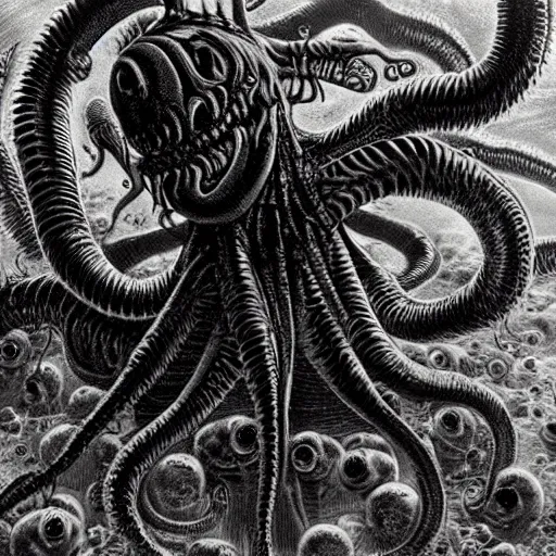 Image similar to void nightmare creature with many teeth many eyes long black body with many tentacles lashing out to grab victims, dark background, harsh lighting, scary, h. r. giger