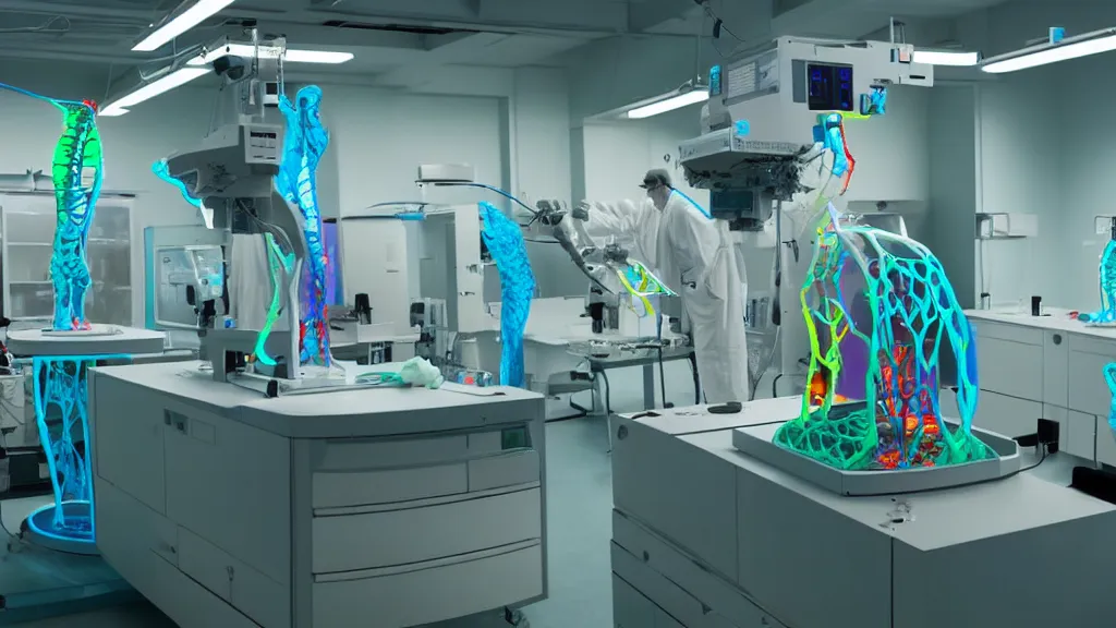 Image similar to a complex bifurcated surgical arm hybrid mri 3 d printer machine making colorful mutant forms with control panels in the laboratory inspection room, film still from the movie directed by denis villeneuve with art direction by salvador dali, wide lens