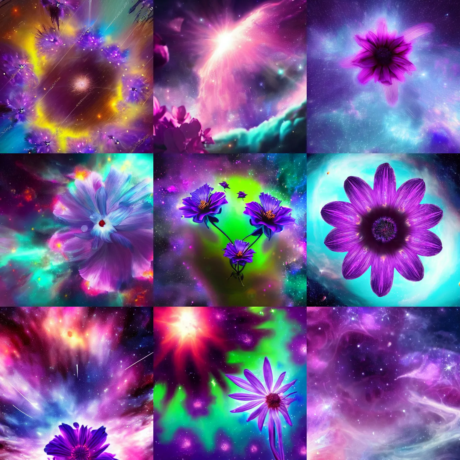 Prompt: a beautiful colorful photograph of a purple flower in space, 4k, breathtaking stars, space background, surrealism, concept art, Trending onartstation