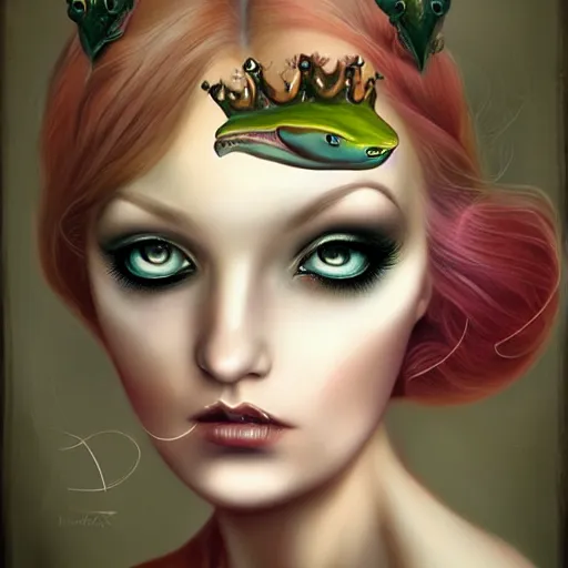 Image similar to of a surreal Portrait inspired by Natalie Shau,Charlie bowater,Anna Dittman,frog,crown,mermaid scales,cinematic