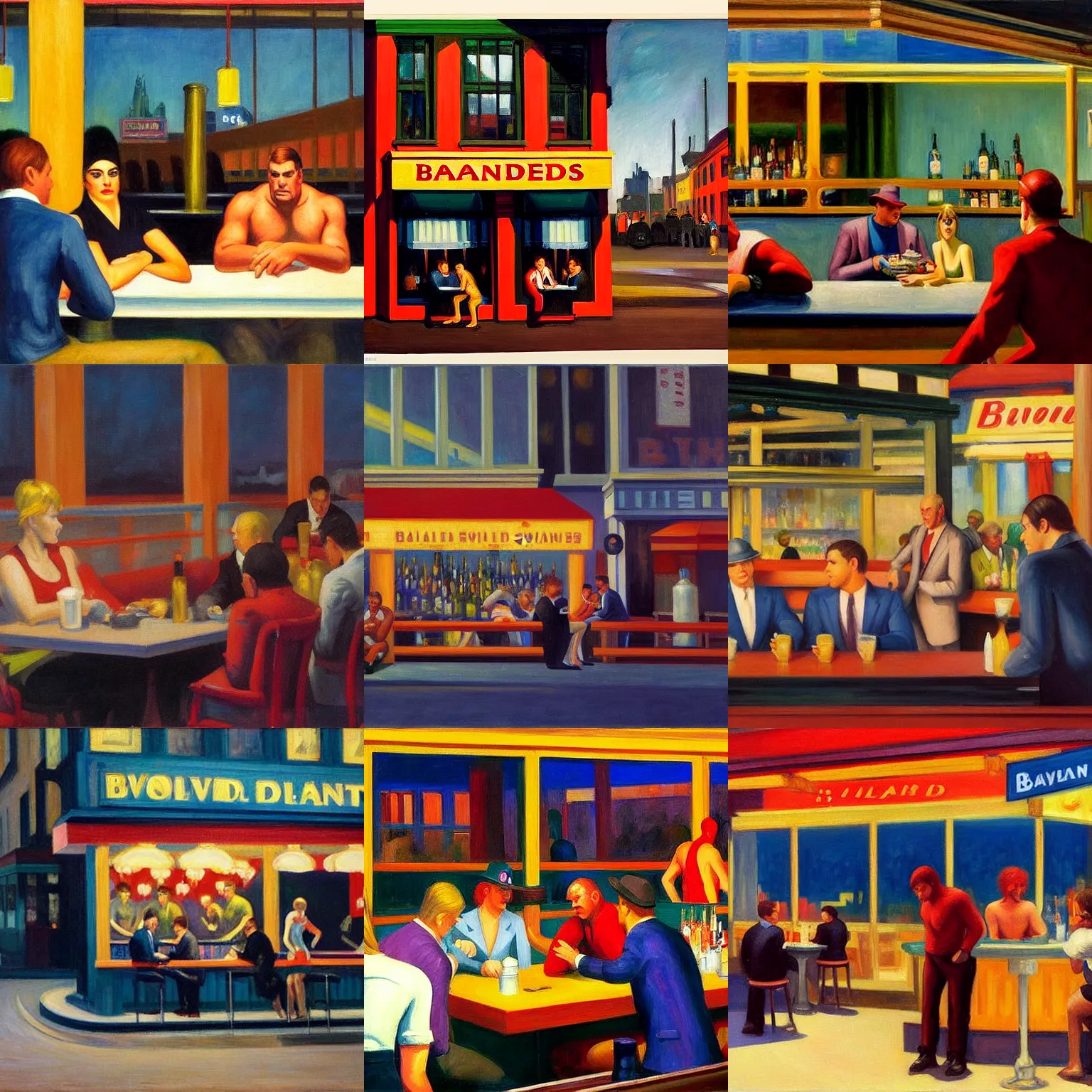 Prompt: An oil painting of Boulevard of Broken Dreams, by Edward Hopper, with WWF wrestlers from the 1980s sitting at a bar in a diner, outside far view from across the street