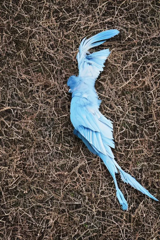 Prompt: A small, delicate bird with pale blue plumage and long, skinny legs. It is hopping on the ground, searching for food. The background is a beautiful blue sky on a autumn day. by Alessio Albi, Nina Masic, center framing, soft focus, vertical portrait, colorful lighting, f2, 50mm, hasselblad, film grain, reasonable lighting, portrait lighting, natural lighting, light leaks
