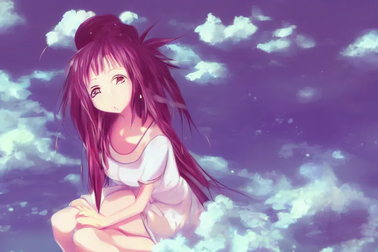 Image similar to a cute anime girl sitting on a cloud, digital painting, anime, portrait