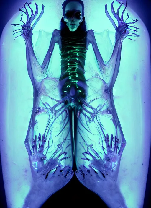 Prompt: darkly cinematic shot of sloppy saliva goo creature taylor - joy ungulate fae ferret of sticky slime crouched within a liquid fool, boney translucent x ray transparent skin skeletal, her iridescent membranes, flaring gills, shades of aerochrome, eerie, occult, gelatinous symmetrical, bubbling ooze covered serious