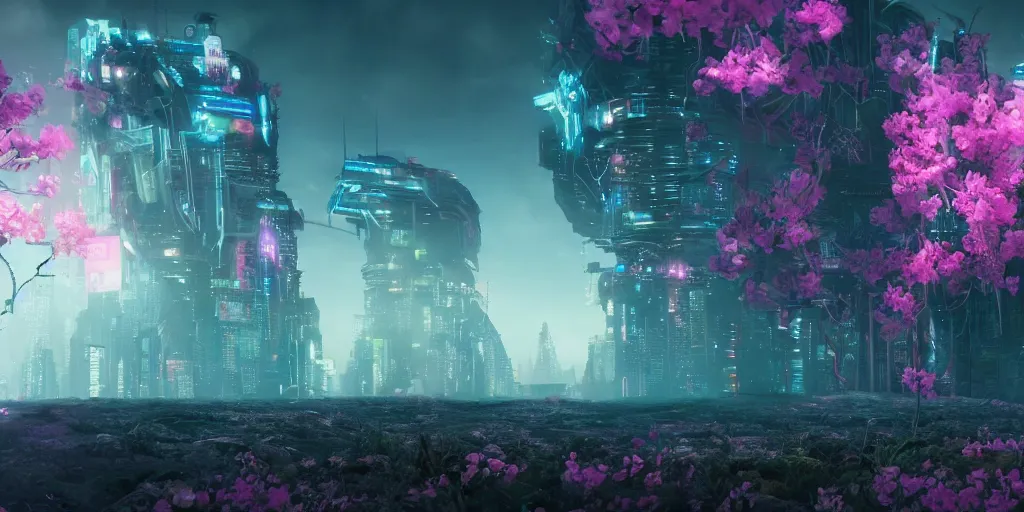 Image similar to A cyberpunk dreamscape showing an alien landscape covered in mystical flowers | Dreamworks Films Art | Depth of Field | 4k