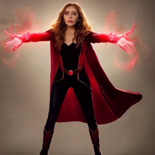 Image similar to elizabeth olsen as the scarlet witch, floating in the air as she emanates magic from her palms, full - body portrait, 3 5 mm!!!!! photography, disdain facial expression, messy!!!!! hair, trending on artstation, photorealistic!!!!!, 4 k, 8 k