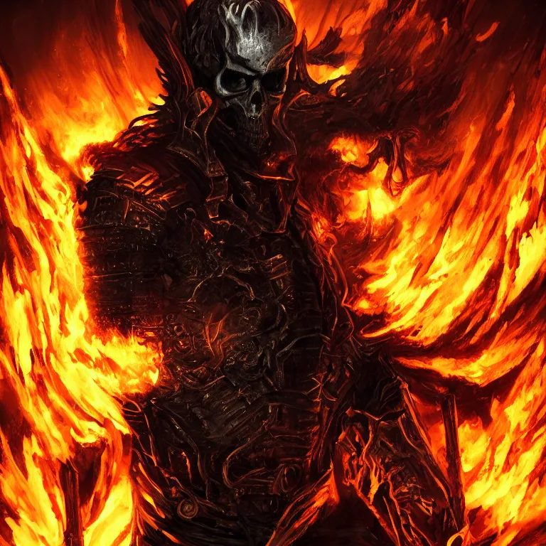 Prompt: Ghost Rider, flaming grim reaper, the pits of hell, headshot photo, character concept, dark souls concept art, Feng Zhu concept art, dramatic lighting, highly stylized, trending on artstation, high-quality wallpaper, desktopography