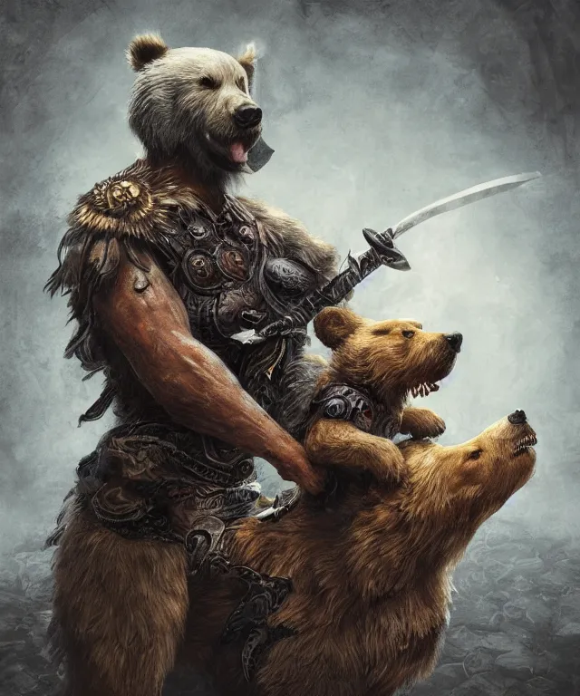 Prompt: an anthropomorphic dog warrior holding a bear's head, crisp 8 k line art, digital painting, artstation, unreal engine, octane render, emissive lighting, concept art, matte, sharp focus, hyper realistic lighting, illustration, art by junto ito and takato yamamoto and philippe druillet and gerald brom