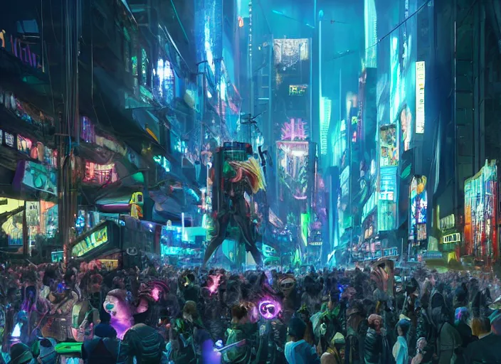 Image similar to high - resolution photograph from a cyberpunk era furry fandom convention ( midwest furfest 2 0 4 7 ), taking place after the genetic revolution and quantum singularity. photorealistic.