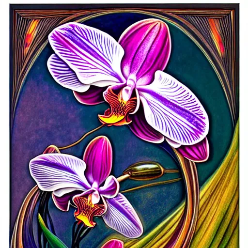 Image similar to majestic colorful orchid mantis enamel by jean delville, cloisonne, iridescent, black opals, beautiful hyperdetailed art nouveau orchids, ultrasharp photorealistic octane render