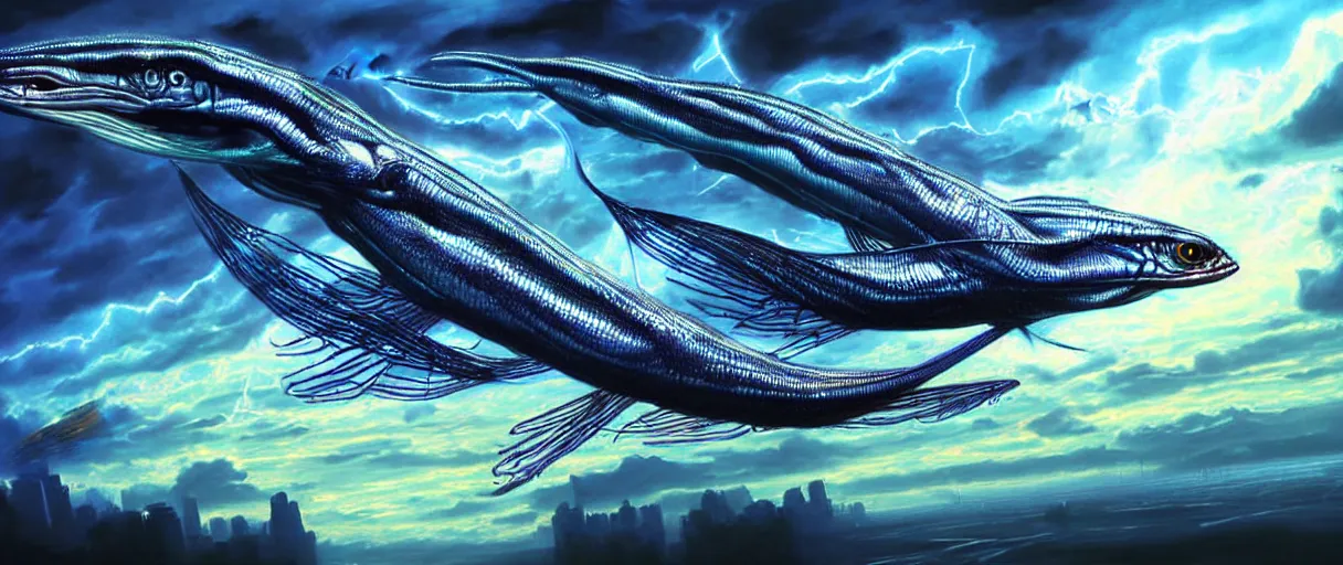 Prompt: hyperrealistic very intricate sloane’s viperfish swimming through puffy clouds above dystopian neon city digital painting concept art salvador dali alex grey cinematic soft glow lighting high angle hd 8k sharp shallow depth of field