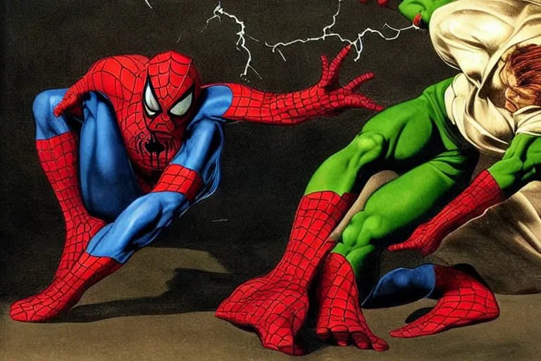 Image similar to spider man is fighting green goblin, in style of Caravaggio, dramatic lightning,