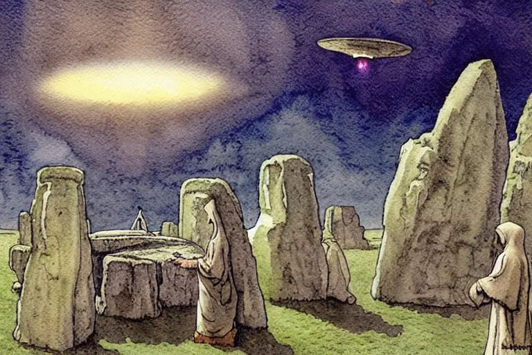Image similar to a realistic and atmospheric watercolour fantasy concept art of a ufo landing in a tiny stonehenge. one dirty medieval monk in grey robes is pointing up at the ufo. muted colors. by rebecca guay, michael kaluta, charles vess and jean moebius giraud
