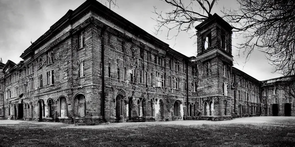 Image similar to Lunatic Asylum, exterior, majestic, detailed, epic scenery, dark fantasy, ominous, eerie