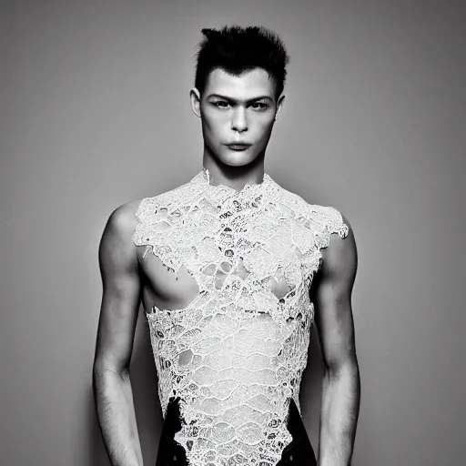 Prompt: a portrait of a beautiful young male wearing an alexander mcqueen bodysuit made of lace , photographed by andrew thomas huang, artistic