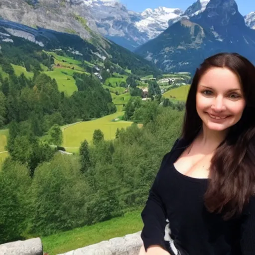 Image similar to A girl that looks like the mona lisa with beautiful switzerland landscape in the background