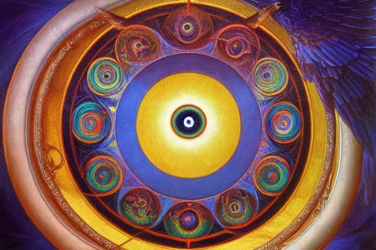 Image similar to painting of rainbow ophanim surrounded by large diagonally rotating rings, ophanim has bird wings, giant eyeball in the middle of the ophanim, by alexandre cabanel, amazing details, mythological, biblical, beautiful composition