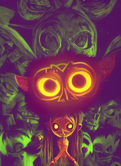 Image similar to realistic,majora\'s mask floating in the air while looking at the viewer maniacally, skull kid, legend of zelda fairy in the background, dramatic lighting, cinematic, film, dynamic pose, movie scene, colorful, dark art, concept art, 8K