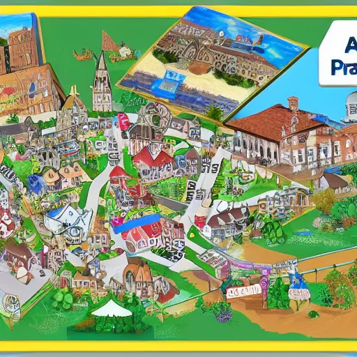 Prompt: a town map with town hall and playground sketches