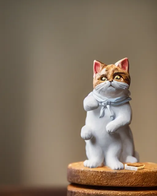 Image similar to high quality presentation photo of a detailed porcelain figurine of a cute cat dressed as Napoleon holding a piece of cheese, photography 4k, f1.8 anamorphic, bokeh, 4k, Canon, Nikon