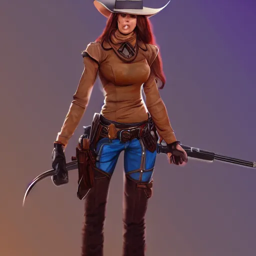 Prompt: full body, female cowgirl, perfect face, long rifle, 8 k, magic the gathering, d & d, artstation