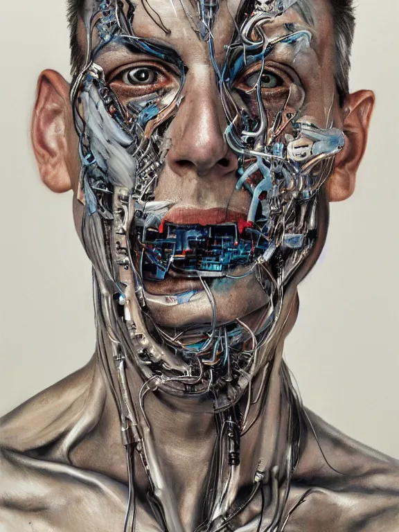 Prompt: cybernetic implants on face, metal jaw, usb port on forehead, portrait by jenny saville