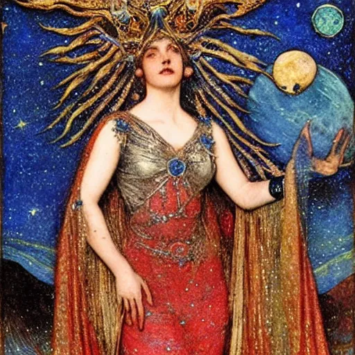 Image similar to the queen of the moon and the stars in full regalia, by Annie Swynnerton and jean delville and Edmund Dulac and Tino Rodriguez, elaborately costumed, rich color, dramatic cinematic lighting, extremely detailed