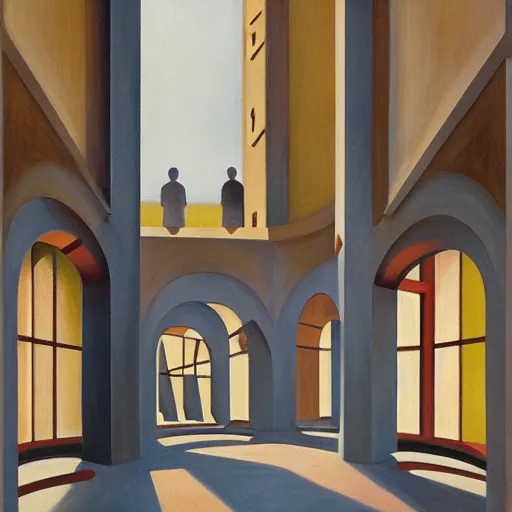 Prompt: first - person view of a stark concrete maze with people looking into portholes, ( grant wood ), pj crook, ( ( ( edward hopper ) ) ), oil on canvas