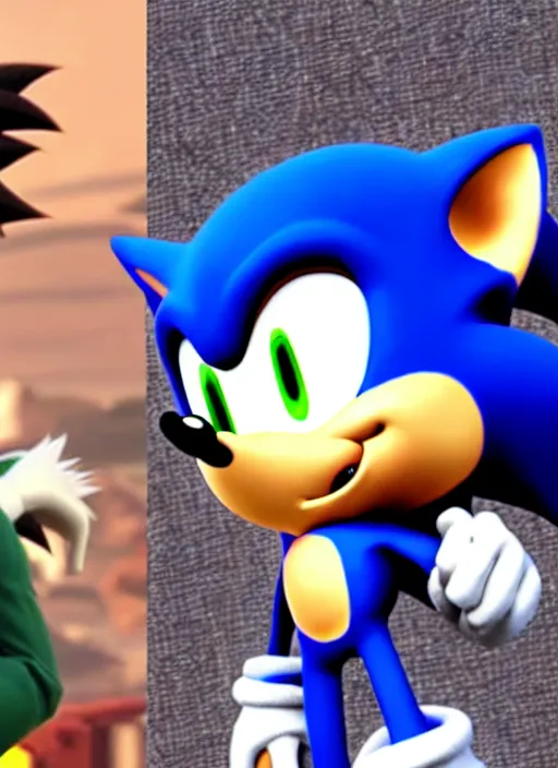 Image similar to sonic the hedgehog and jotaro kujo from jojo's bizarre adventure hanging out, photorealistic